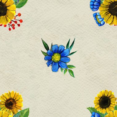 Ayçiçeği ve kır çiçekleri ile Seamless Modeli