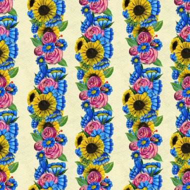 Mavi sarı ve pembe çiçekler ile Seamless Modeli