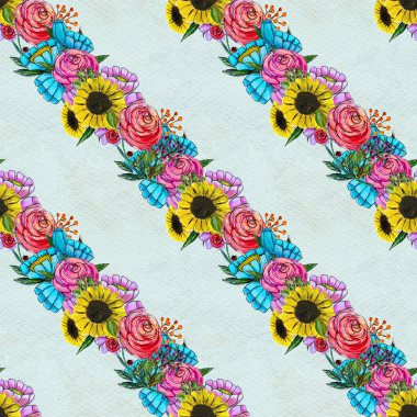 Mavi sarı ve pembe çiçekler ile Seamless Modeli