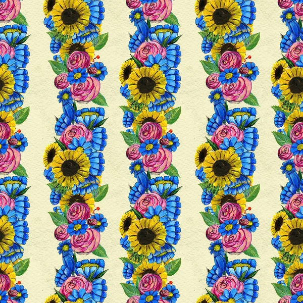 Mavi sarı ve pembe çiçekler ile Seamless Modeli