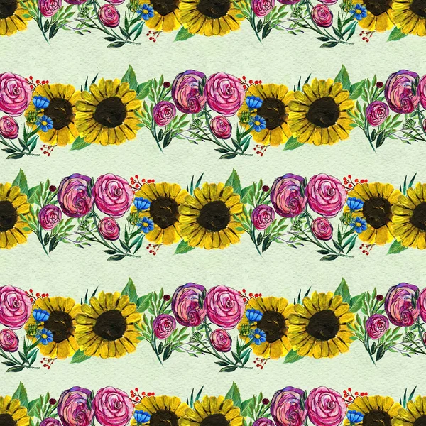 Seamless pattern with sunflowers and roses — Stock Photo, Image