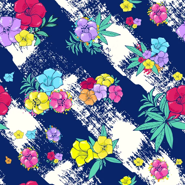 Exotische bunte Blumen auf weiß-blauem Hintergrund mit Streifen — Stockvektor