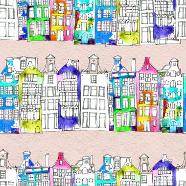 Kusursuz desenler suluboya Amsterdam evleri