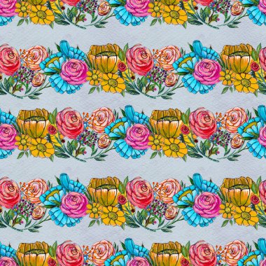 Mavi sarı ve pembe çiçekler ile Seamless Modeli