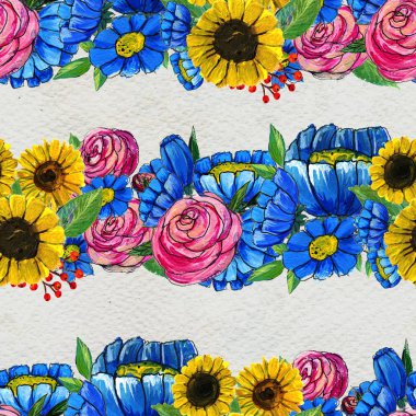 Mavi sarı ve pembe çiçekler ile Seamless Modeli