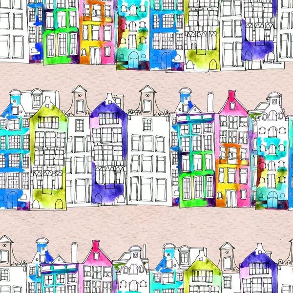 Seamless pattern eith watercolor Amsterdam houses