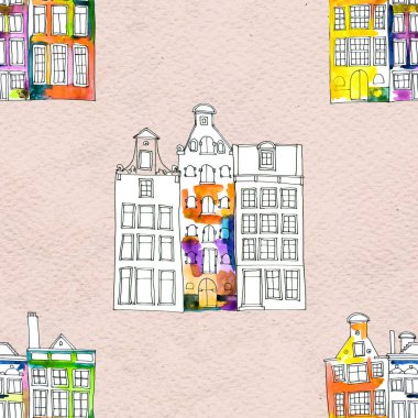 Kusursuz desenler suluboya Amsterdam evleri