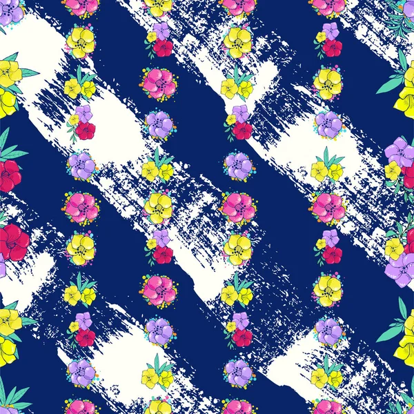 Exotic colorful flowers on a white-blue background with stripes