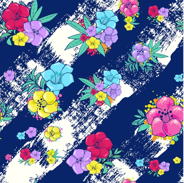 Exotische kleurrijke bloemen op een wit-blauw achtergrond met strepen — Stockvector