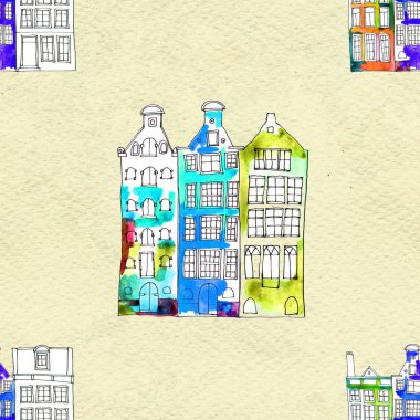 Kusursuz desenler suluboya Amsterdam evleri