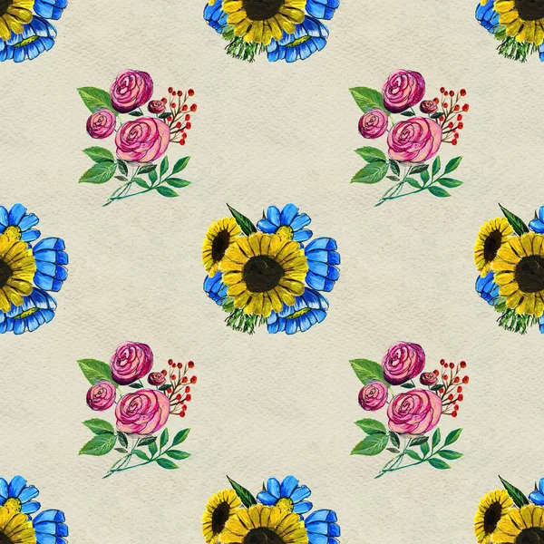 Seamless mönster med blå gul och rosa blommor — Stockfoto
