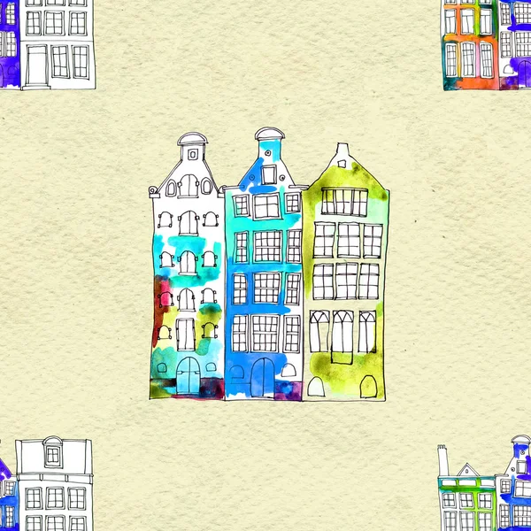 Seamless pattern eith watercolor Amsterdam houses