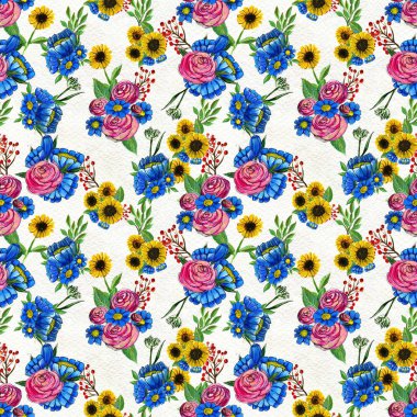 Mavi sarı ve pembe çiçekler ile Seamless Modeli