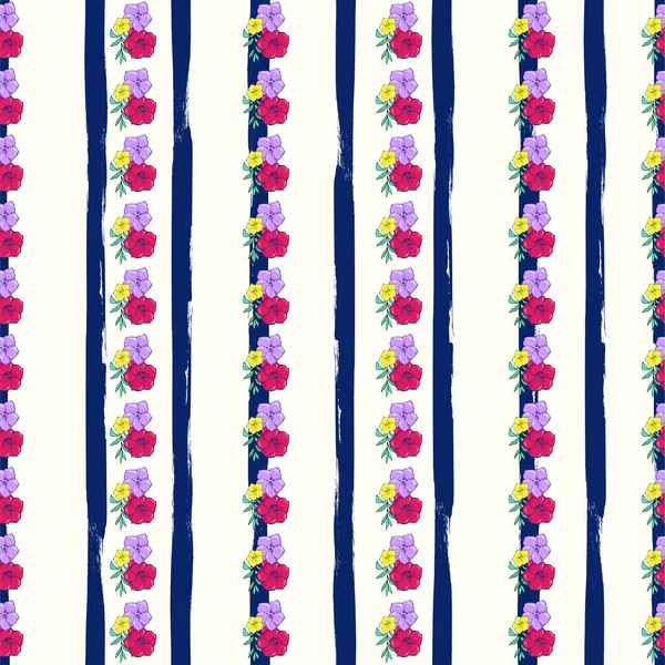Çizgili beyaz-mavi arka plan üzerinde egzotik renkli çiçekler — Stok Vektör