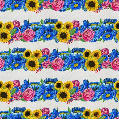 Mavi sarı ve pembe çiçekler ile Seamless Modeli