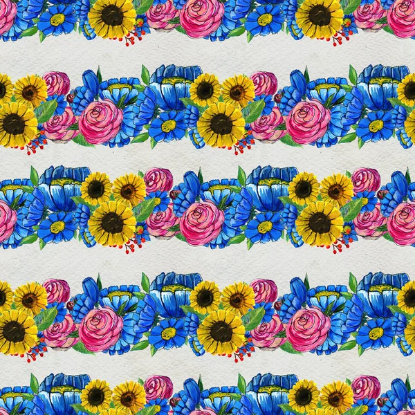 Χωρίς ραφή πρότυπο με μπλε, κίτρινα και ροζ λουλούδια — Φωτογραφία Αρχείου