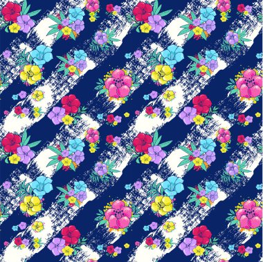 Çizgili beyaz-mavi arka plan üzerinde egzotik renkli çiçekler