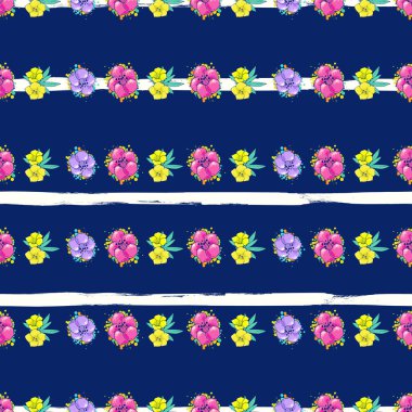 Çizgili beyaz-mavi arka plan üzerinde egzotik renkli çiçekler