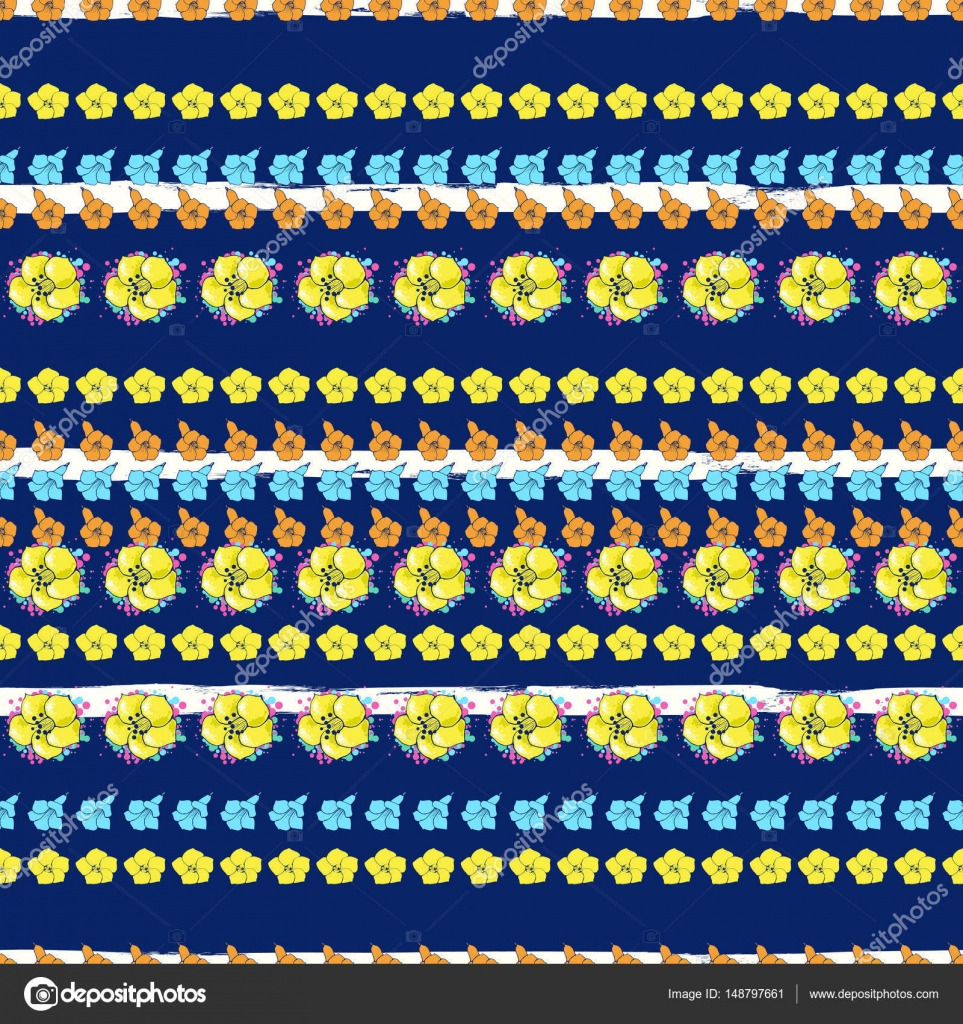 Esotici fiori colorati su sfondo bianco blu a strisce Disegno floreale Illustrazione disegnata a mano — Vettoriali di ya1988
