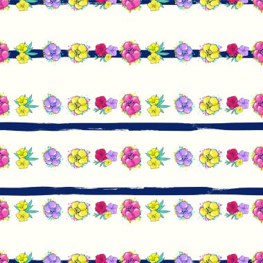 Çizgili beyaz-mavi arka plan üzerinde egzotik renkli çiçekler