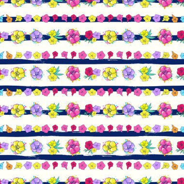 Çizgili beyaz-mavi arka plan üzerinde egzotik renkli çiçekler