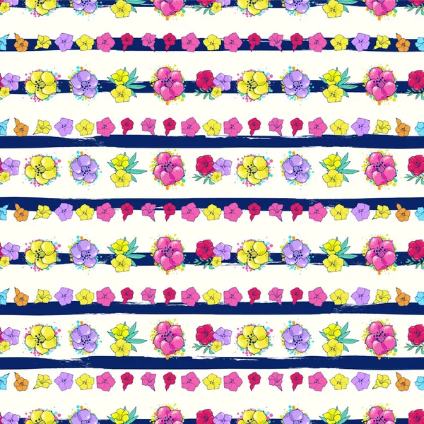 Çizgili beyaz-mavi arka plan üzerinde egzotik renkli çiçekler