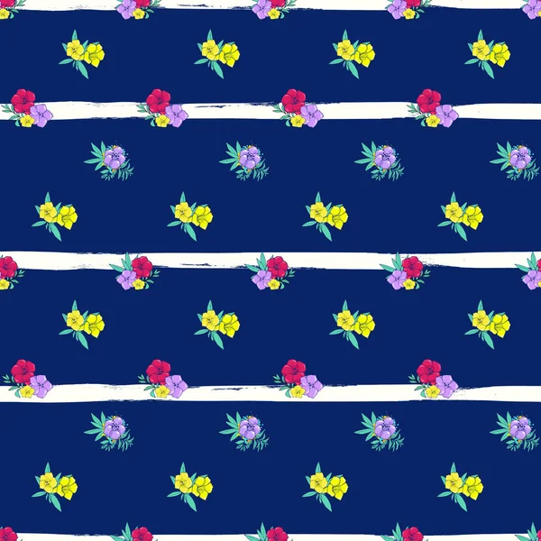 줄무늬와 흰색-파란색 바탕에 이국적인 화려한 꽃 — 스톡 벡터