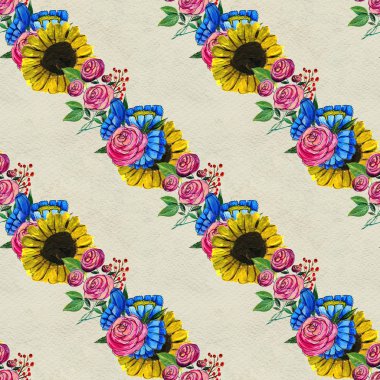 Mavi sarı ve pembe çiçekler ile Seamless Modeli