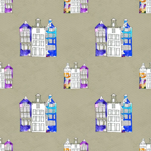 Seamless pattern eith watercolor Amsterdam houses