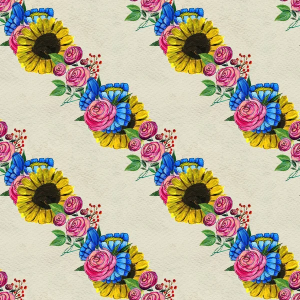 Vzor bezešvé s modrými žluté a růžové květy — Stock fotografie