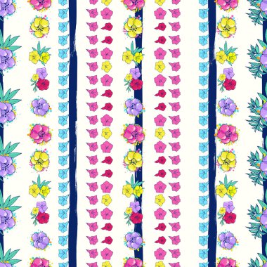 Çizgili beyaz-mavi arka plan üzerinde egzotik renkli çiçekler