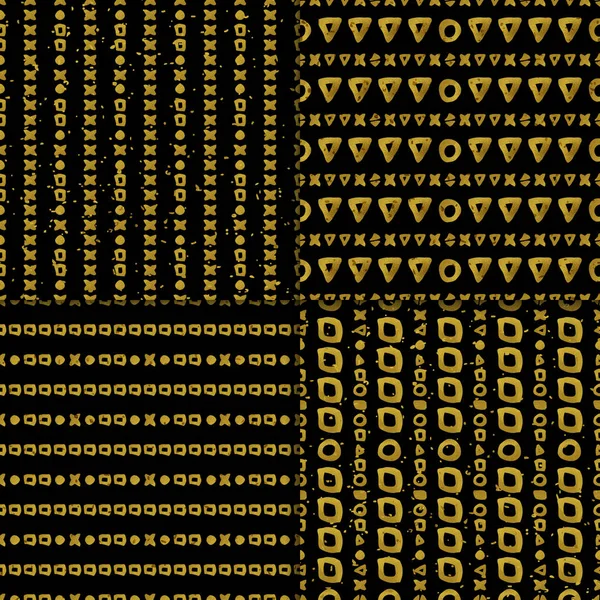 幾何学的な黒とゴールドのシームレス パターン セット — ストックベクタ
