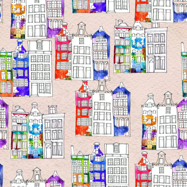 Seamless pattern eith watercolor Amsterdam houses