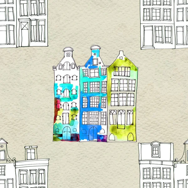 Seamless pattern eith watercolor Amsterdam houses