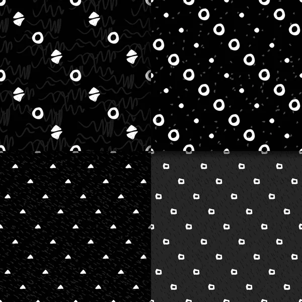 Conjunto de padrão sem costura desenhado à mão abstrato. Fundo grunge preto e branco com formas geométricas simples . —  Vetores de Stock