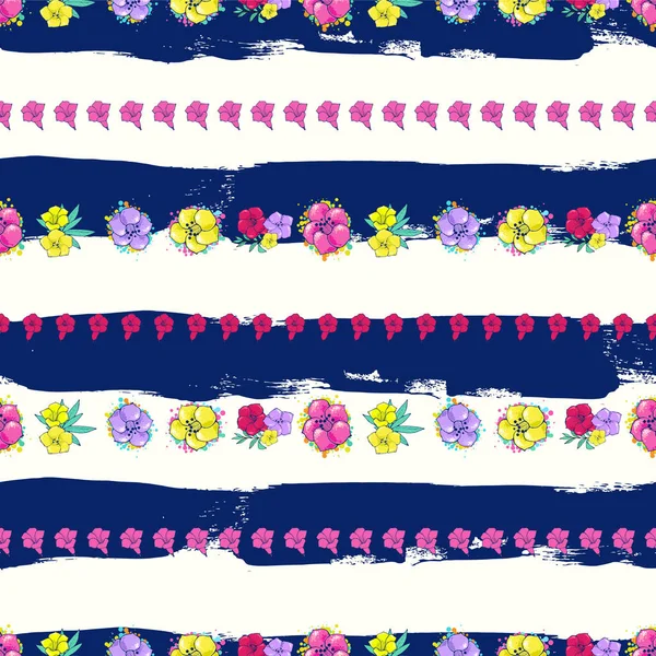 Padrão sem costura vetorial. Flores coloridas exóticas em um fundo branco-azul com listras. Desenho floral. ilustração de moda desenhada à mão — Vetor de Stock