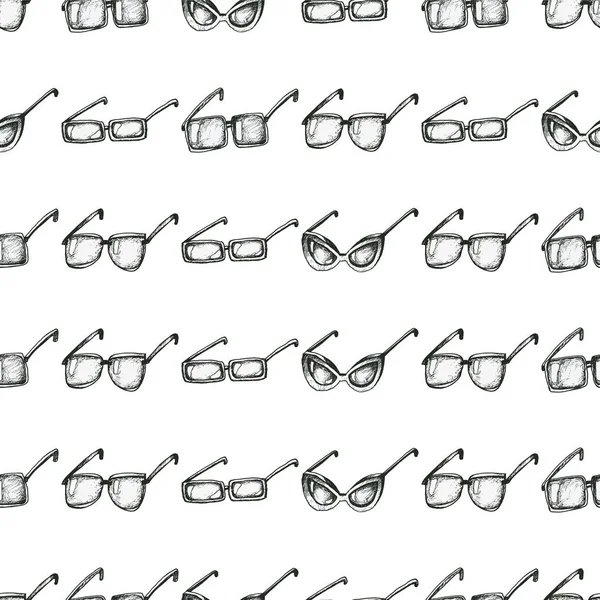 Différents types de lunettes motif sans couture, dessiné à la main vecteur de style doodle. Illustration de style dessin animé noir et blanc — Image vectorielle