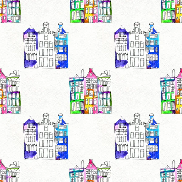 Seamless pattern eith watercolor Amsterdam houses