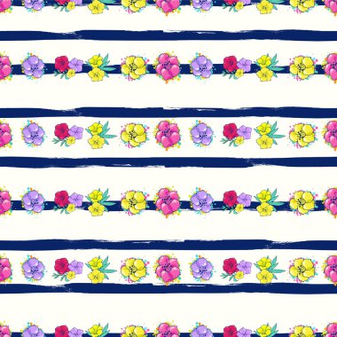 Çizgili beyaz-mavi arka plan üzerinde egzotik renkli çiçekler