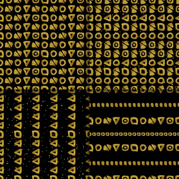Geometrische zwart en goud naadloze patroon set — Stockvector
