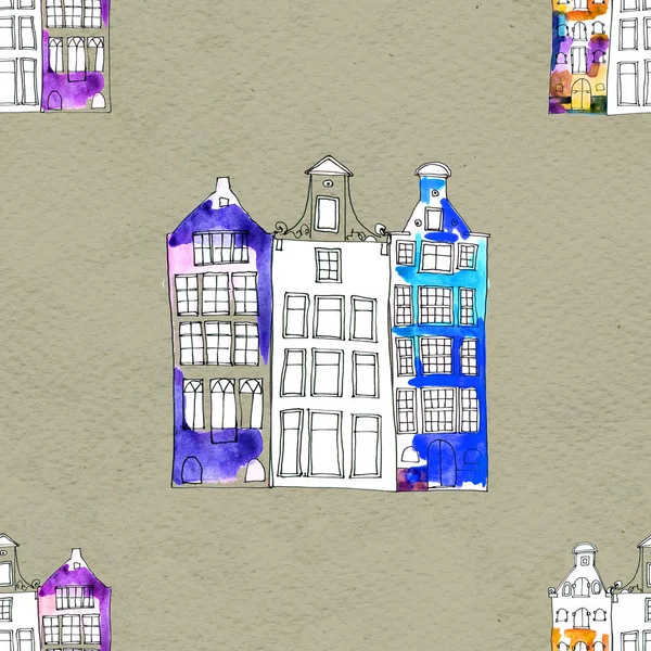 Seamless pattern eith watercolor Amsterdam houses