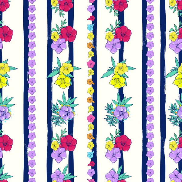 Çizgili beyaz-mavi arka plan üzerinde egzotik renkli çiçekler