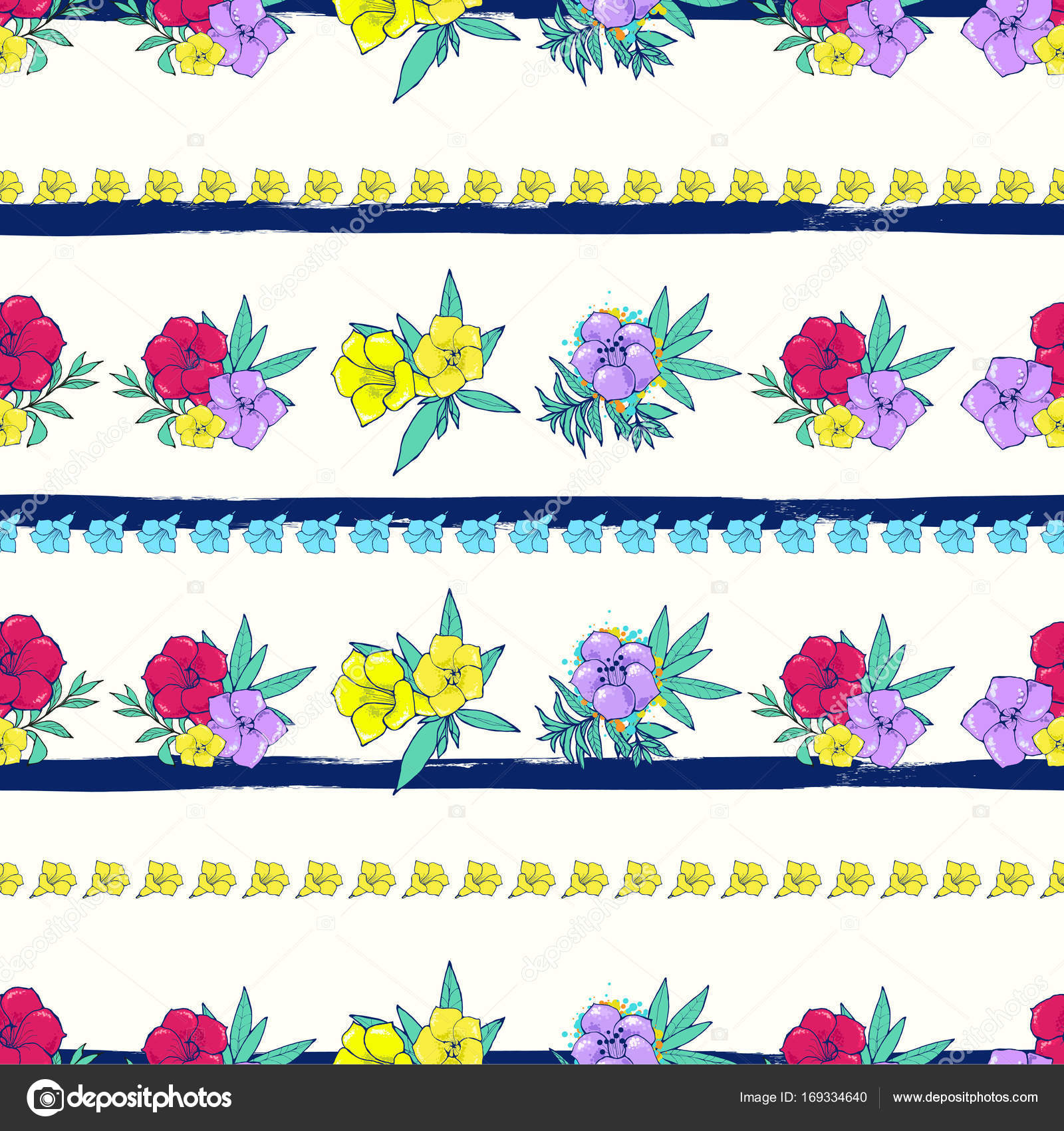 Esotici fiori colorati su sfondo bianco blu a strisce Disegno floreale Illustrazione disegnata a mano — Vettoriali di ya1988