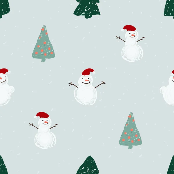 Seamless pattern with Santa, snowmen and Christmas trees — Stock Vector