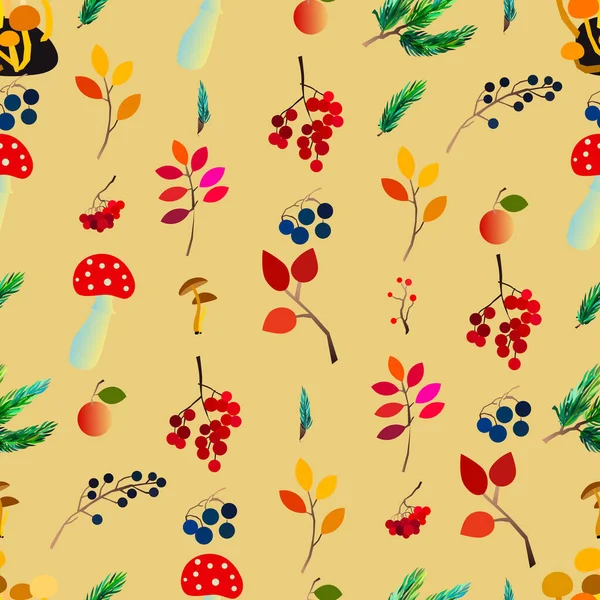 Autumn seamless pattern with berries, acorns, pine cone, mushrooms, branches and leaves. — Stock Vector