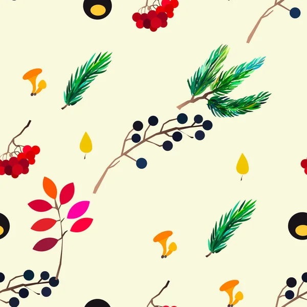 Autumn vector seamless pattern with berries, acorns, pine cone, mushrooms, branches and leaves. — Stock Vector