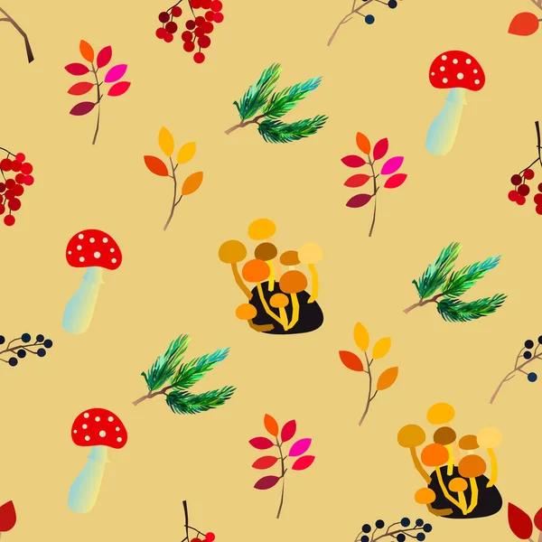 Autumn seamless pattern with berries, acorns, pine cone, mushrooms, branches and leaves. — Stock Vector