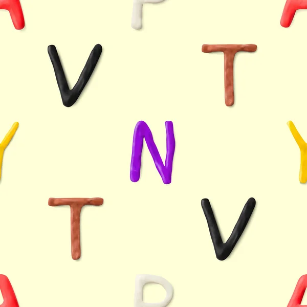 Sömlöst mönster med alfabet. Handgjorda modellering lera bokstäver. Realistisk 3D vektor bokstäver bakgrund. — Stock vektor