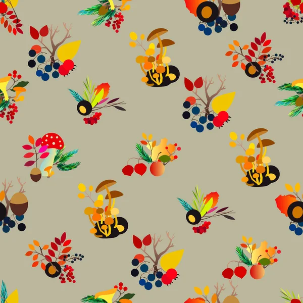 Autumn seamless pattern with berries, acorns, pine cone, mushrooms, branches and leaves. — Stock Vector