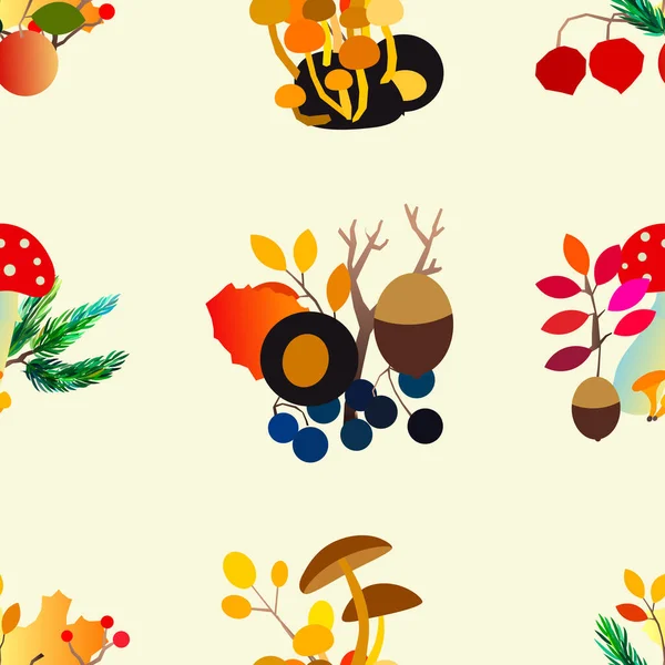 Autumn vector seamless pattern with berries, acorns, pine cone, mushrooms, branches and leaves. — Stock Vector